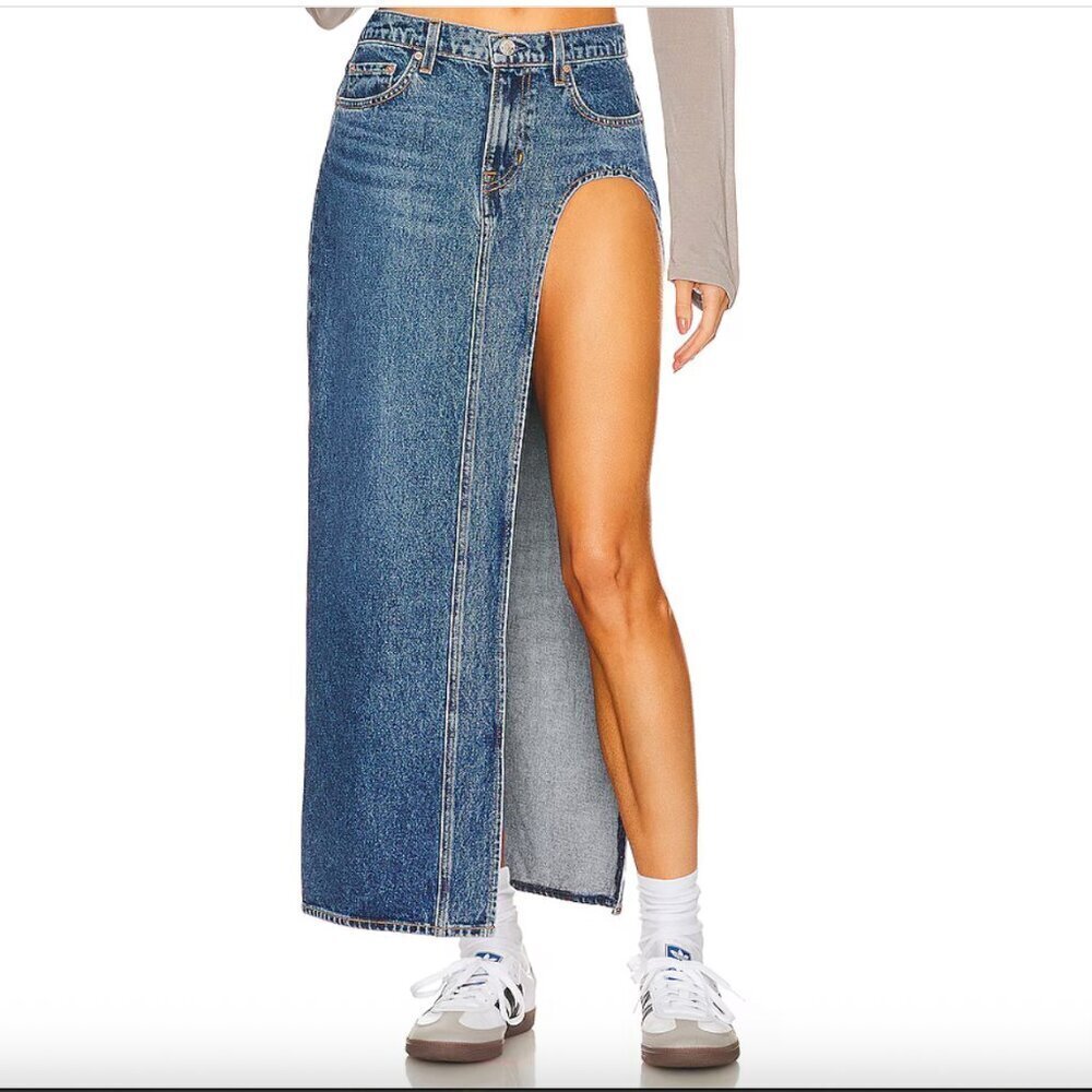 GRLFRND High Slit Blue Denim Blanca Maxi Skirt in Crissy Field Blue, size 26